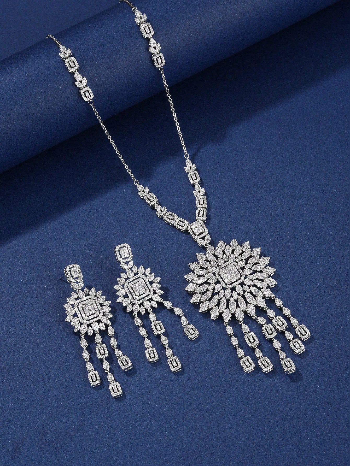 Luxury Cubic Zirconia Embellished Long Necklace And Earrings Set