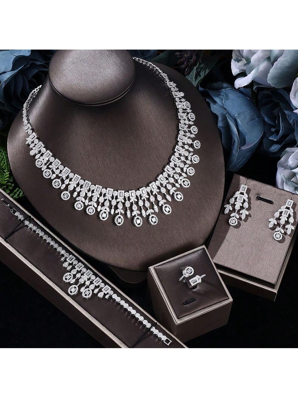 2024 New Dubai Nigeria Africa 4-Piece Set Women's Cubic Zirconia Jewelry Set Bridal Wedding Party Luxury CZ Crystal Jewelry Set - Seen Mai