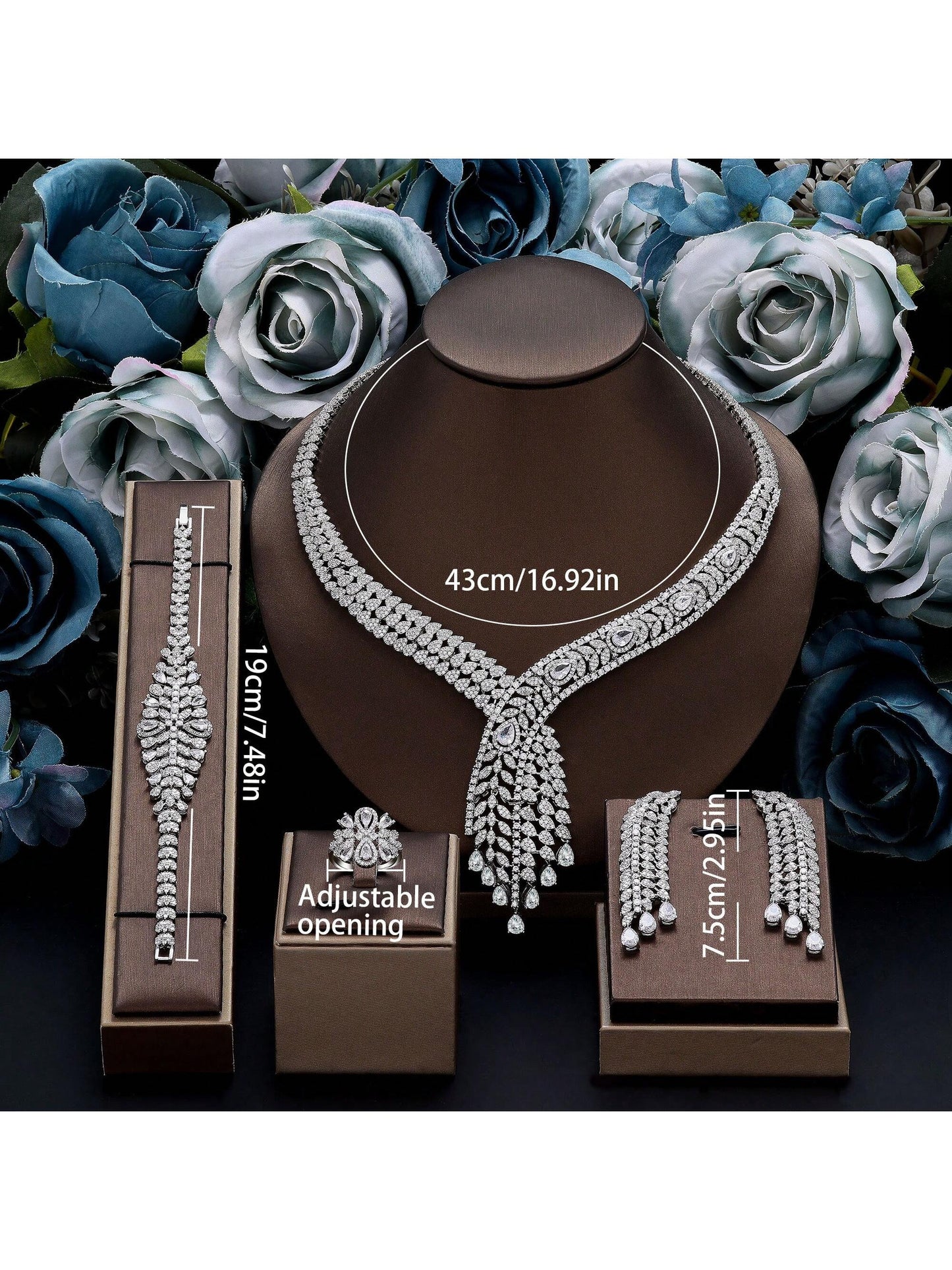 Super Luxury Cubic Zirconia Dubai Bridal 4 PCS Jewelry Set Wedding Accessories Double Layers Necklace Bracelet - Seen Mai