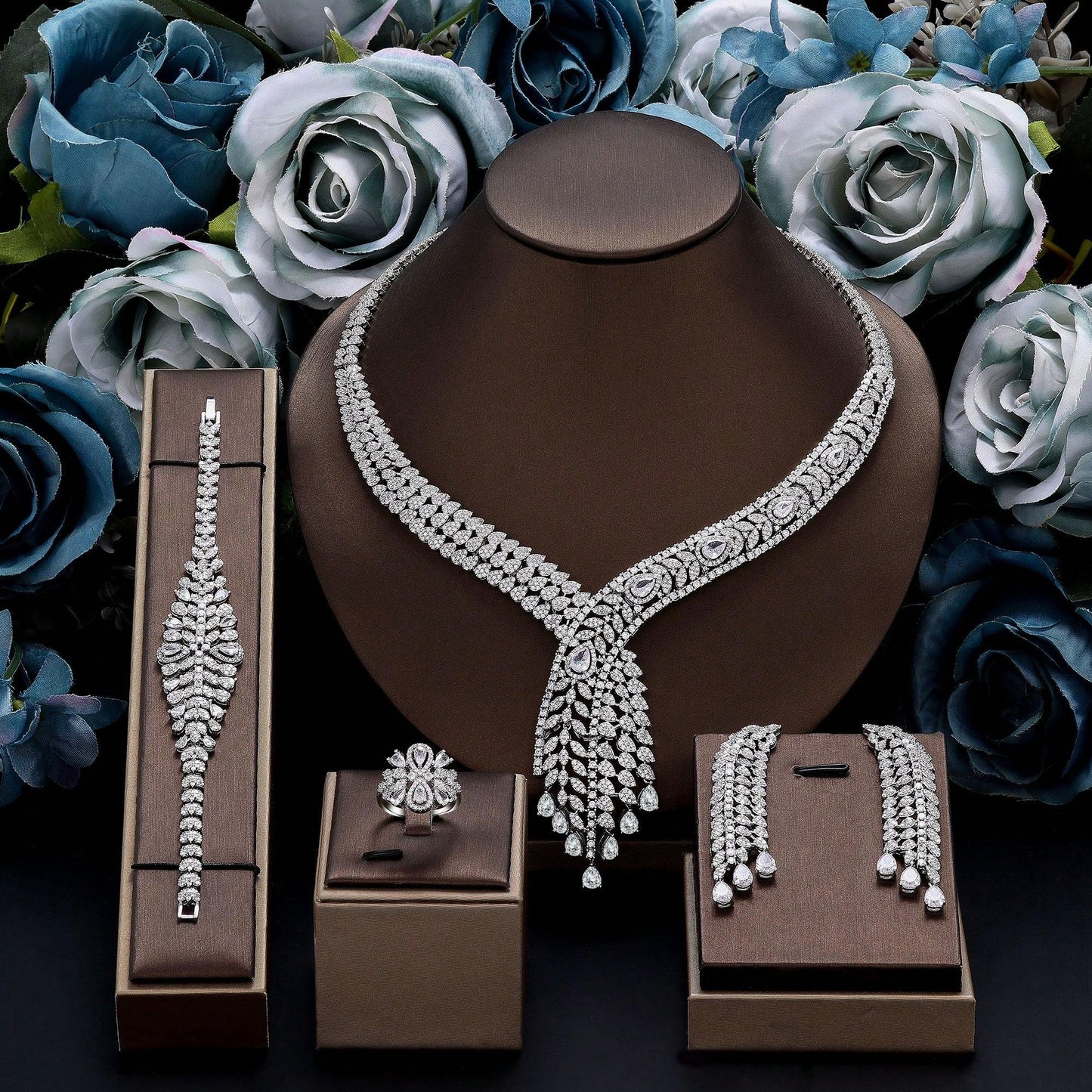 Super Luxury Cubic Zirconia Dubai Bridal 4 PCS Jewelry Set Wedding Accessories Double Layers Necklace Bracelet - Seen Mai