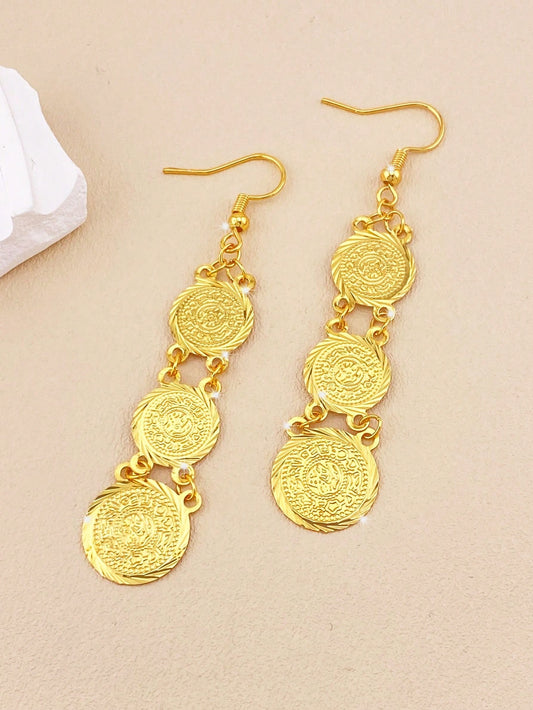 1 Pair Of Copper Plated Gold Coin Earrings Round Tassel Drop Earrings Texture Decoration Suitable For Ladies Everyday Wear - Seen Mai