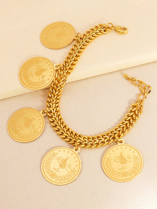 1pc Gold Coin Bracelet Double Chain Bracelet Suitable For Men And Women Daily Festival Wear - Seen Mai