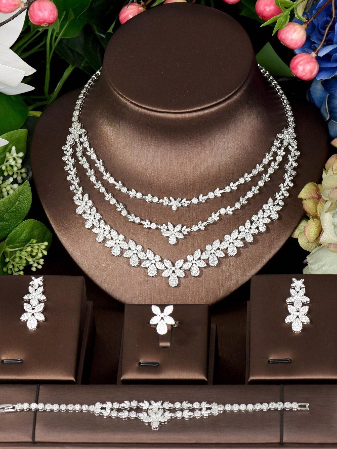 1 Set Lovely Cubic Zirconia Flower Decorated Jewelry Set Suitable For Women Party - Seen Mai