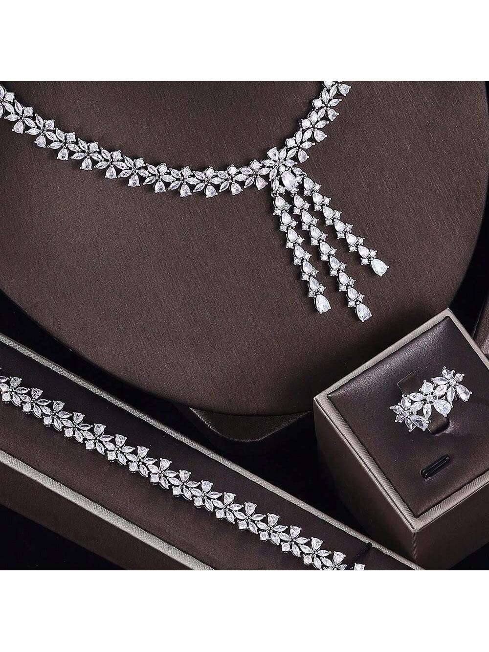 Luxury 4PCS Bridal Jewelry Sets Full Big Statement For Women Wedding Cubic Cubic Zirconia CZ African Dubai Wedding Dresses Accessories - Seen Mai