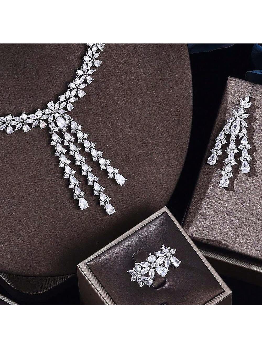 Luxury 4PCS Bridal Jewelry Sets Full Big Statement For Women Wedding Cubic Cubic Zirconia CZ African Dubai Wedding Dresses Accessories - Seen Mai