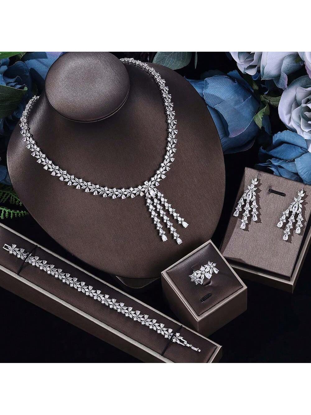 Luxury 4PCS Bridal Jewelry Sets Full Big Statement For Women Wedding Cubic Cubic Zirconia CZ African Dubai Wedding Dresses Accessories - Seen Mai