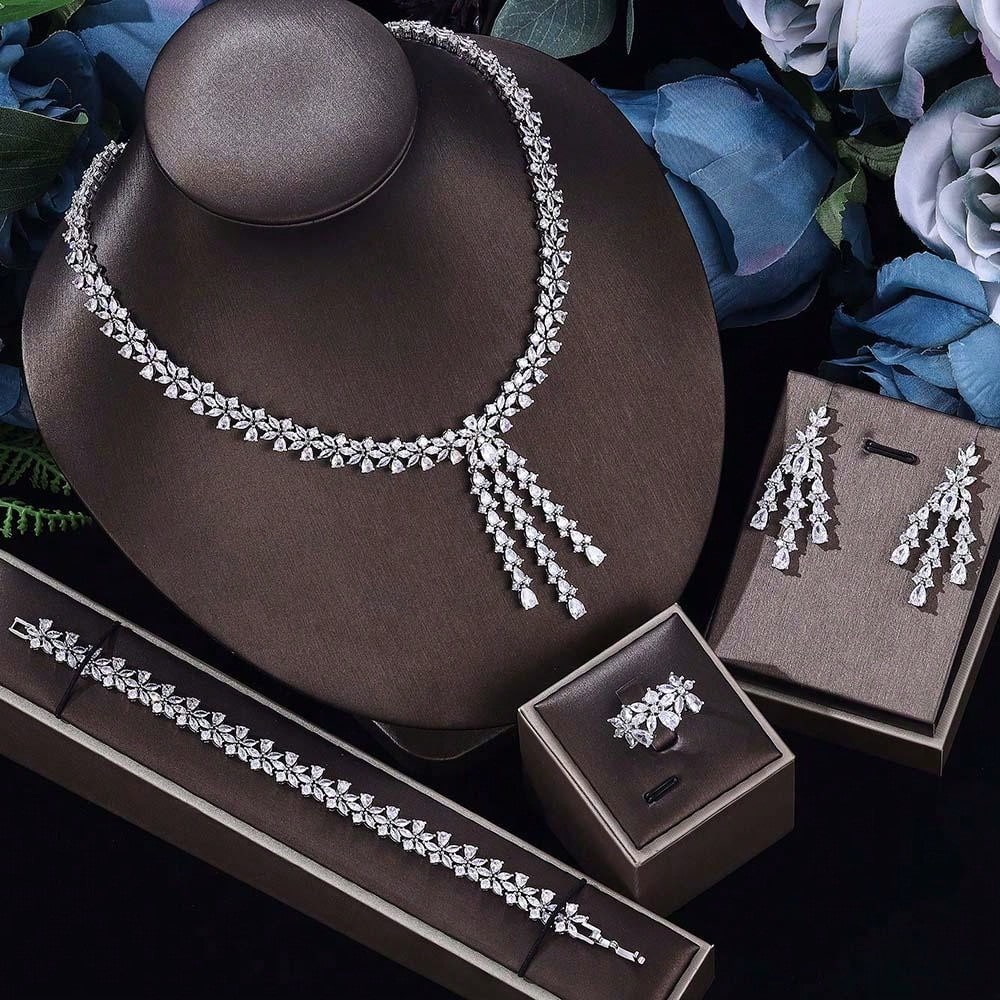 Luxury 4PCS Bridal Jewelry Sets Full Big Statement For Women Wedding Cubic Cubic Zirconia CZ African Dubai Wedding Dresses Accessories - Seen Mai