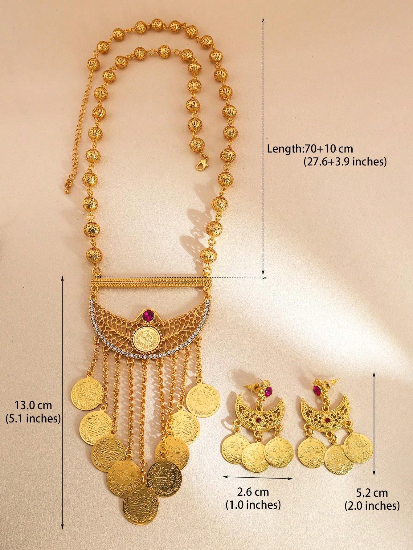 3pcs/Set Vintage Luxury Crescent Moon Earrings And Necklace Set With Gold Coin Fringe Jewelry For Women Weddings And Party Occasion