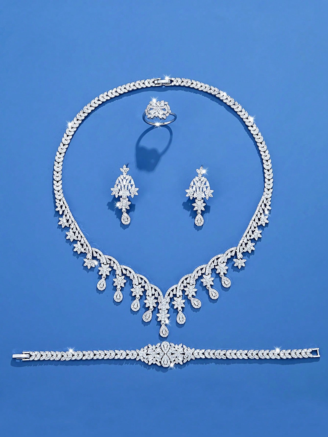 seen JEWELRY 5pcs Artificial Zirconia White Gold-Plated Luxury Jewelry Set Including Necklace - Seen Mai