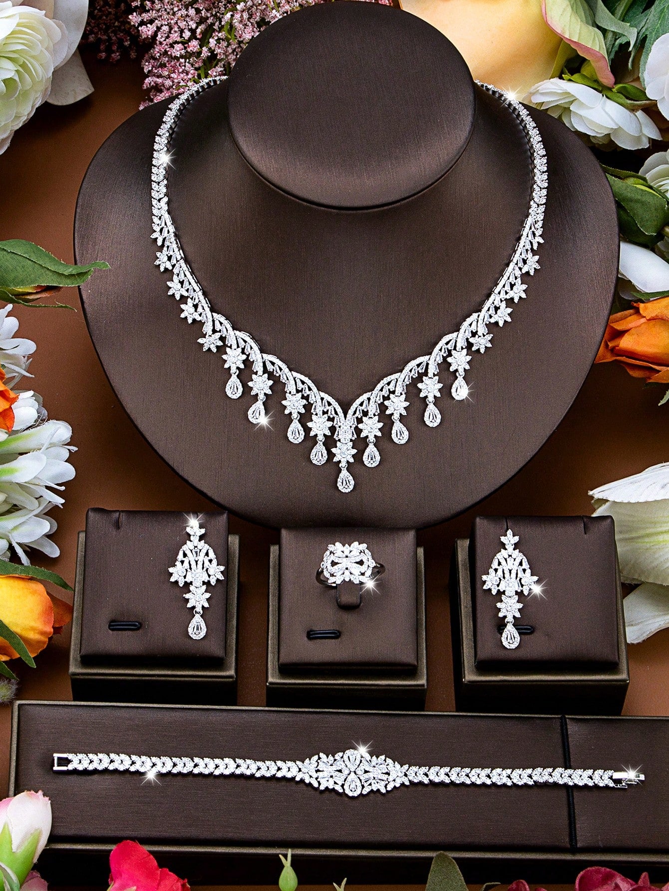 seen JEWELRY 5pcs Artificial Zirconia White Gold-Plated Luxury Jewelry Set Including Necklace - Seen Mai