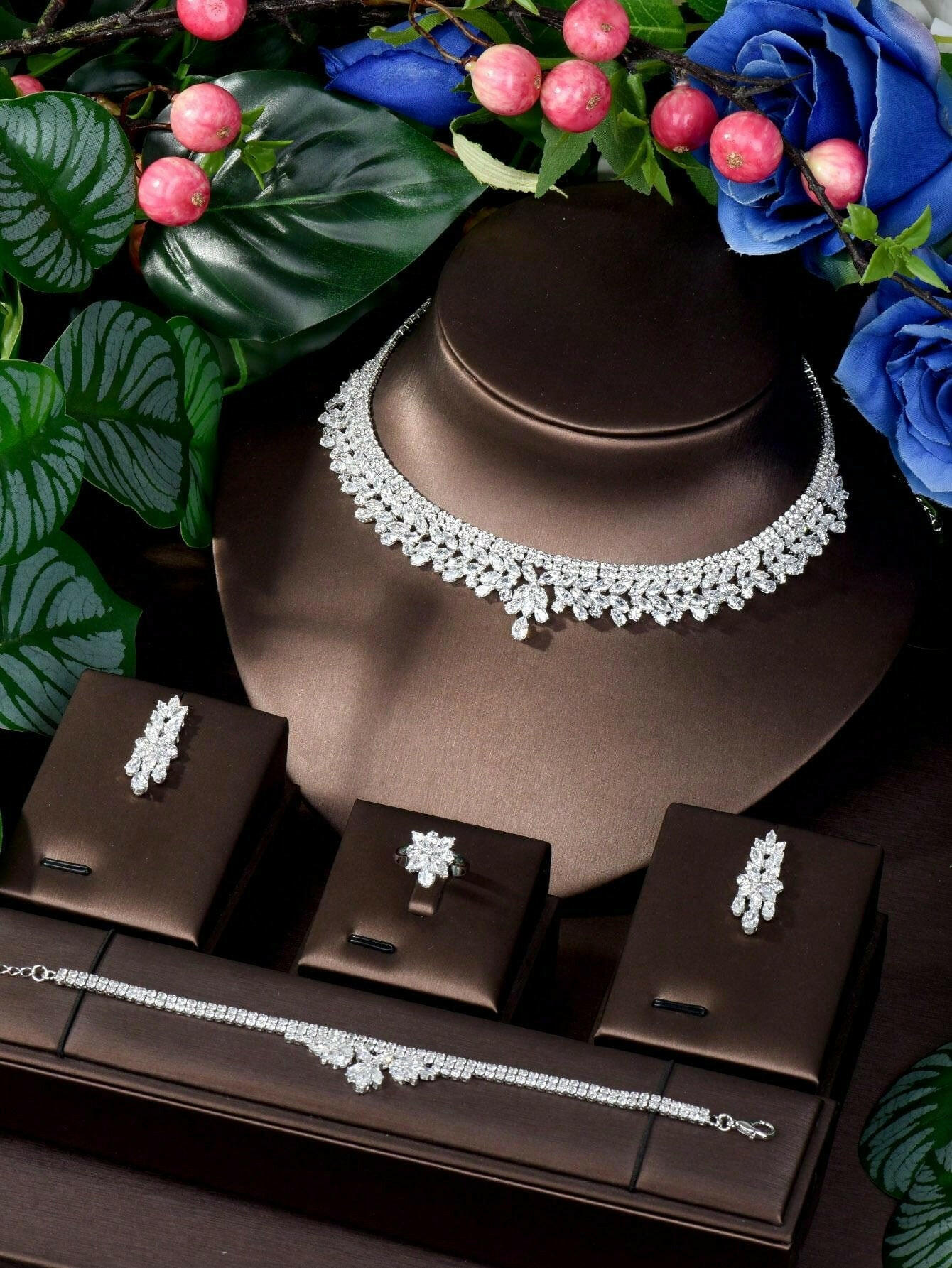 1 Set High Quality 4PCS Zirconia Women Bridal Wedding Jewelry Set Geometric Design Necklace And Earring Sets - Seen Mai