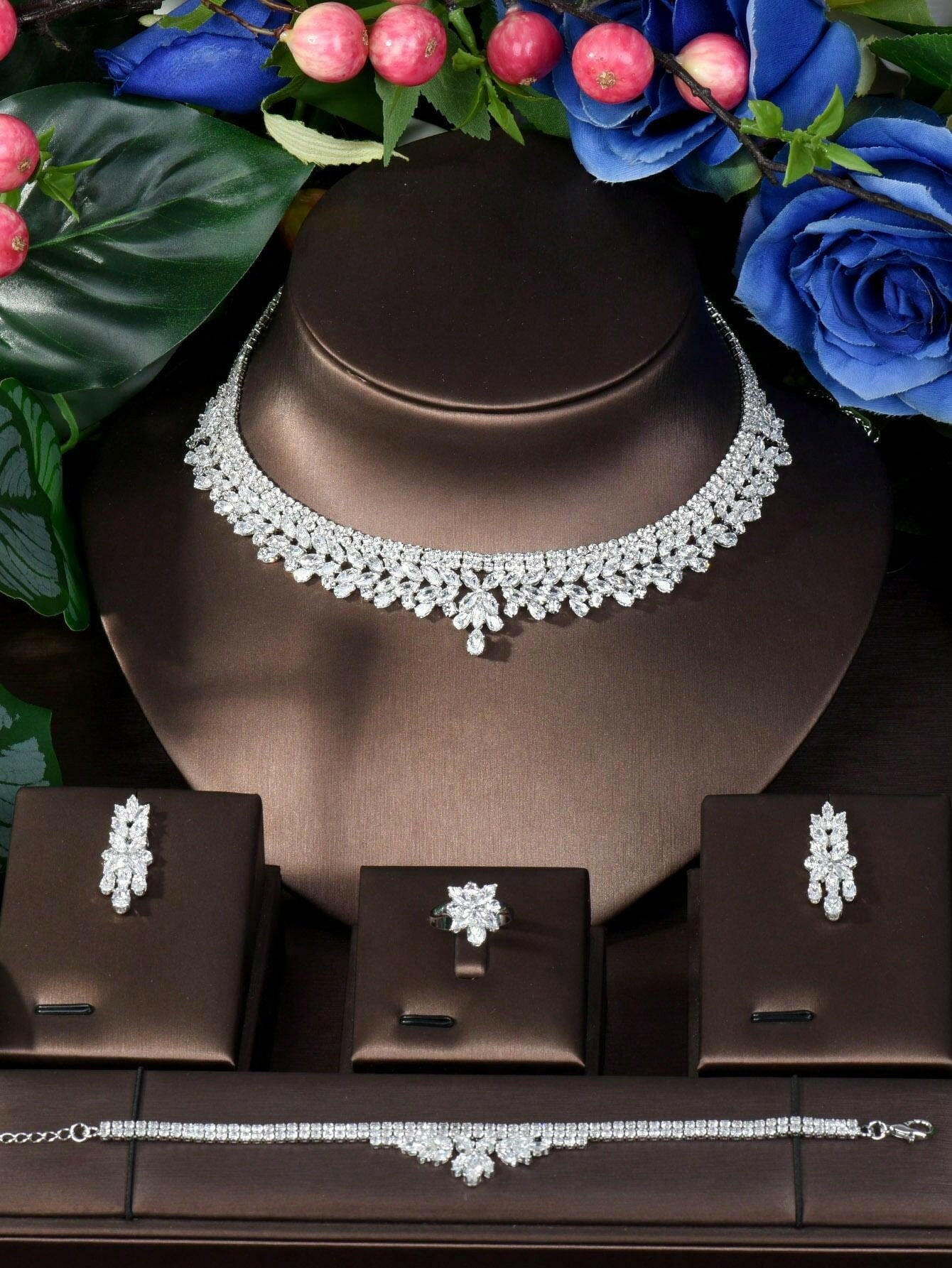 1 Set High Quality 4PCS Zirconia Women Bridal Wedding Jewelry Set Geometric Design Necklace And Earring Sets - Seen Mai