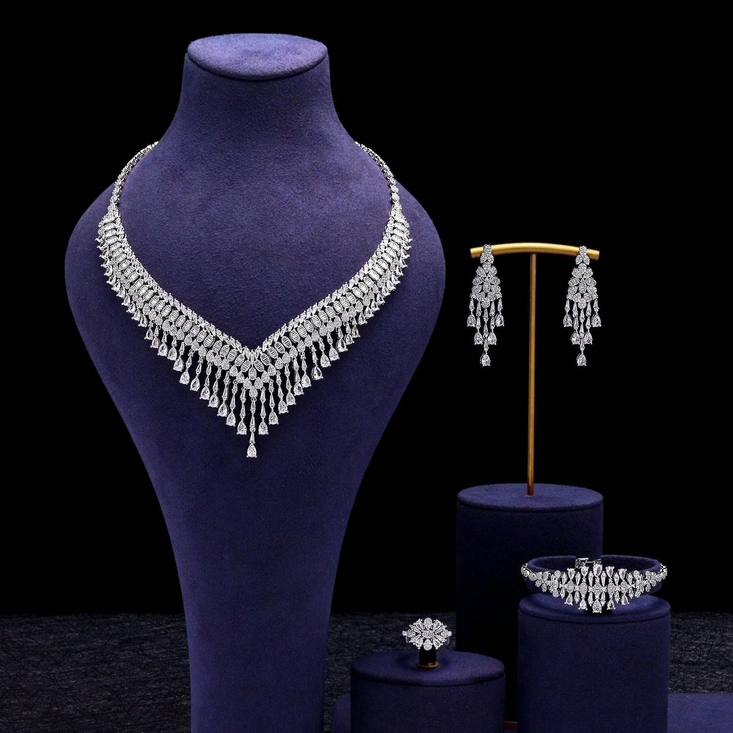 Necklace Bracelet Ring Cubic Zirconia Jewelry Set High Quality Tassel Drops Dubai Nigeria Wedding Party Bride Jewelry - Seen Mai