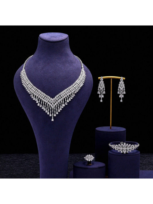 Necklace Bracelet Ring Cubic Zirconia Jewelry Set High Quality Tassel Drops Dubai Nigeria Wedding Party Bride Jewelry - Seen Mai