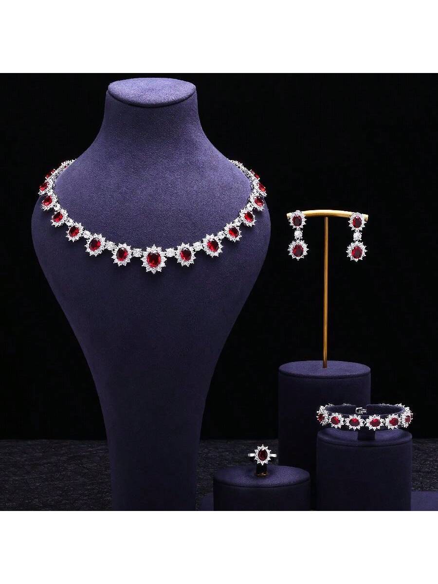 2024 New 4-Piece Bride Zirconia Full Set Women's Party Jewelry Set Dubai Nigeria Crystal Wedding Jewelry Set - Seen Mai