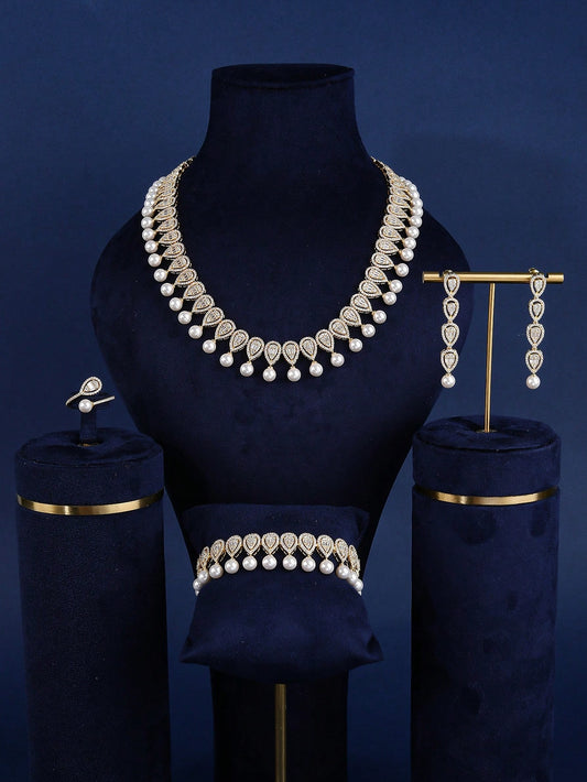 Glass Pearl & Cubic Zirconia Four-Piece Jewelry Set With Single-Layer Pearl