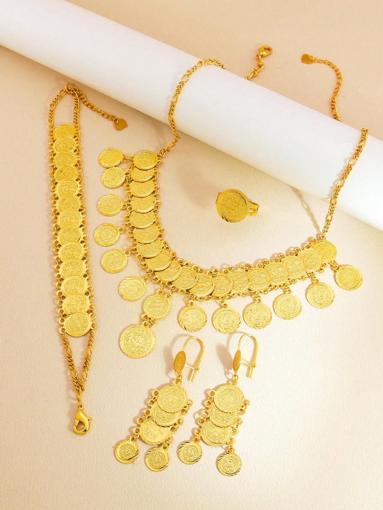 5pc/Set Vintage Textured Gold Coin Jewelry Set Copper Jewelry Set Suitable For Girl Women Holiday Gift Partiesomen Holiday Gift Parties - Seen Mai