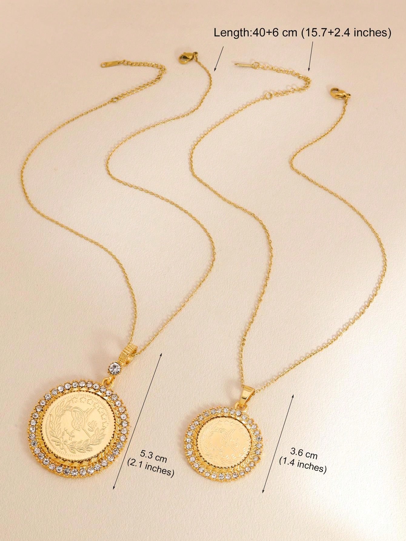 1pc Vintage Gold Coin Pendant Necklace Cubic Zirconia Jewelry Couple Necklace Suitable For Women And Men Everyday Wear - Seen Mai