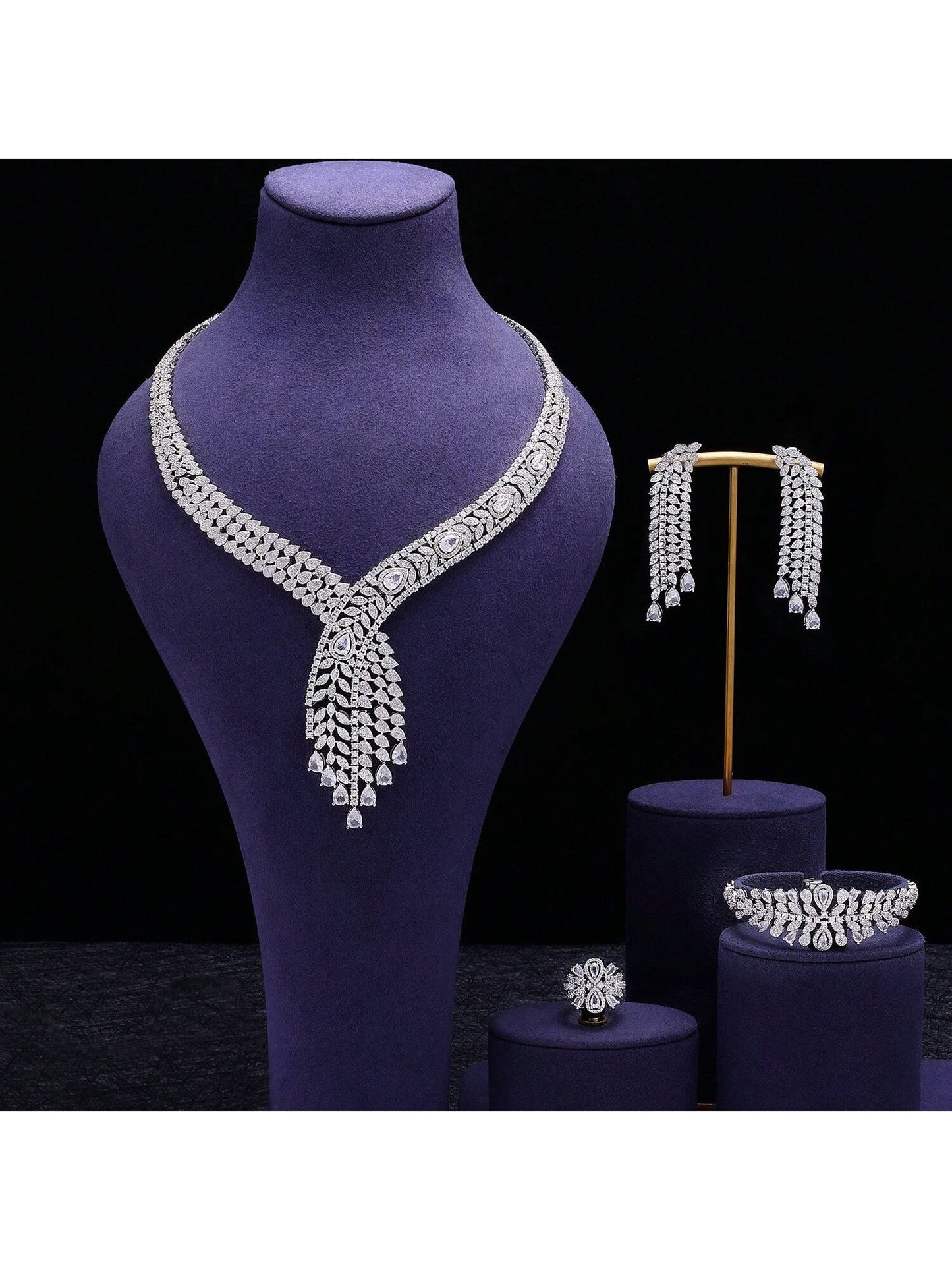 Super Luxury Cubic Zirconia Dubai Bridal 4 PCS Jewelry Set Wedding Accessories Double Layers Necklace Bracelet - Seen Mai