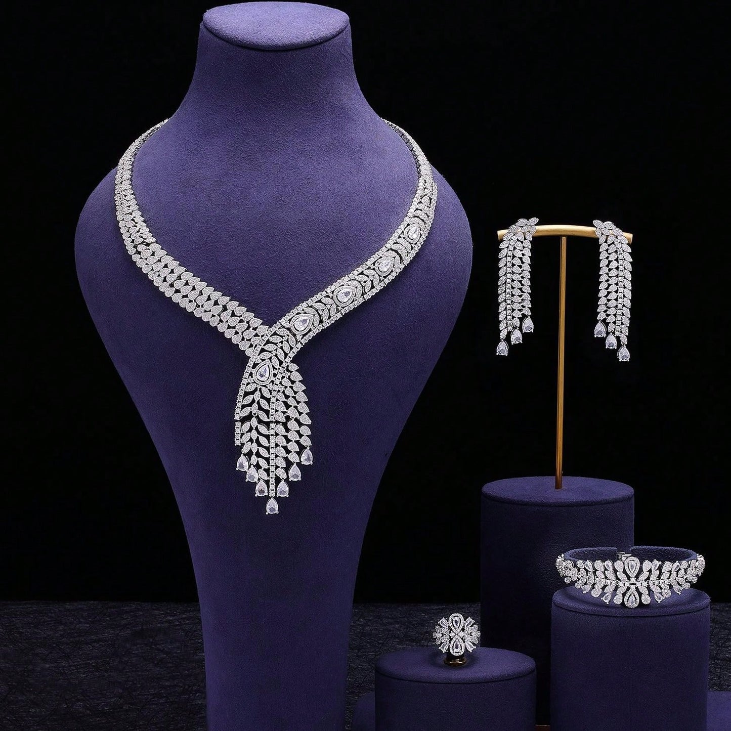 Super Luxury Cubic Zirconia Dubai Bridal 4 PCS Jewelry Set Wedding Accessories Double Layers Necklace Bracelet - Seen Mai