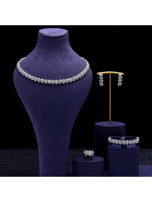 2024 New Product Exquisite Wedding Party Jewelry Cubic  Necklace Earrings Bracelets And Rings Bridal Jewelry Set - Seen Mai