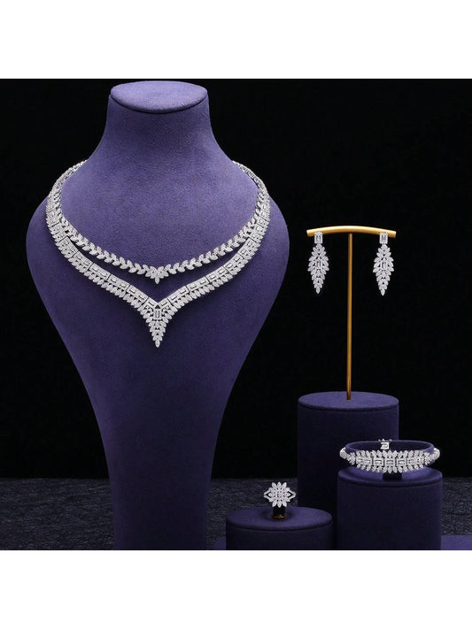 Luxury Dubai Jewelry Sets CZ  4 Pcs Bridal Jewelry Sets Wedding Necklace Set Earrings Bracelet Rings - Seen Mai