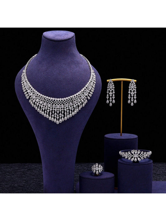 Luxury Big  Bridal Jewelry Set For Women Dubai Wedding Drop Earrings Necklace 4 Pcs Party Accessories - Seen Mai