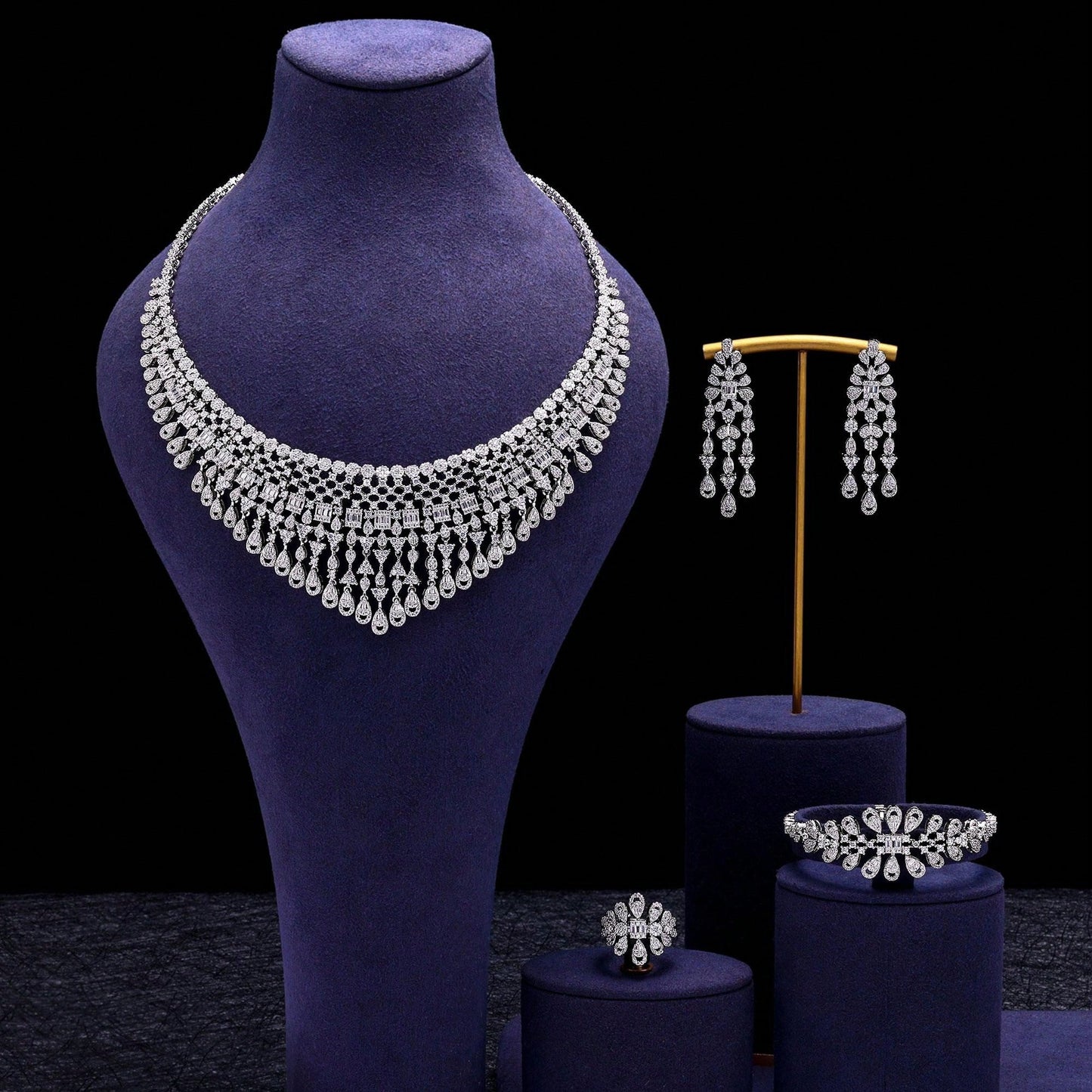 Luxury Big  Bridal Jewelry Set For Women Dubai Wedding Drop Earrings Necklace 4 Pcs Party Accessories - Seen Mai