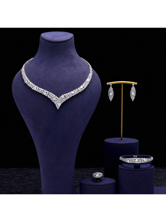 Luxury Zirconia Jewelry Water Drop 4pcs Bridal Nigerian Necklace Earring Wedding Jewelry Set For Women Bridal - Seen Mai