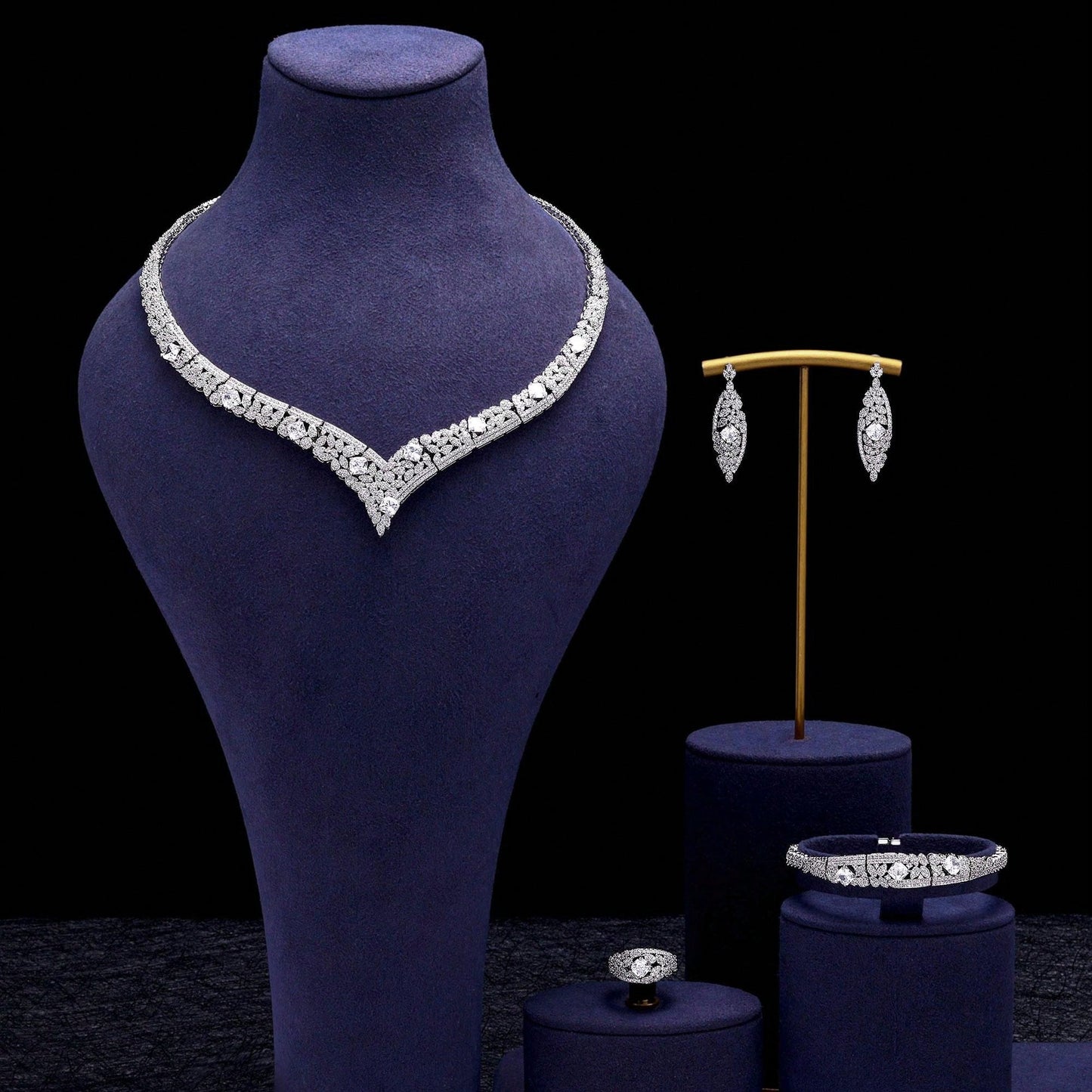 Luxury Zirconia Jewelry Water Drop 4pcs Bridal Nigerian Necklace Earring Wedding Jewelry Set For Women Bridal - Seen Mai