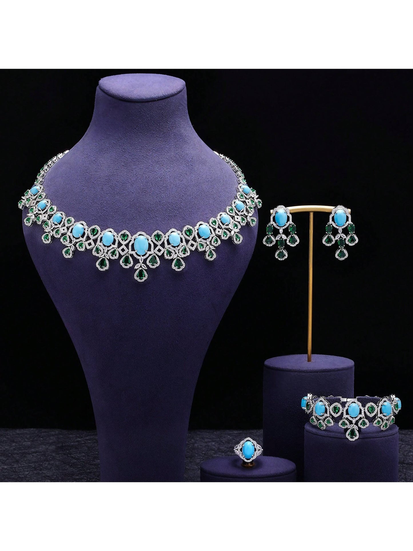 New Luxury  Set Necklace Earrings Bracelet Four-Piece Women Weeding Bridal Jewelry Set - Seen Mai