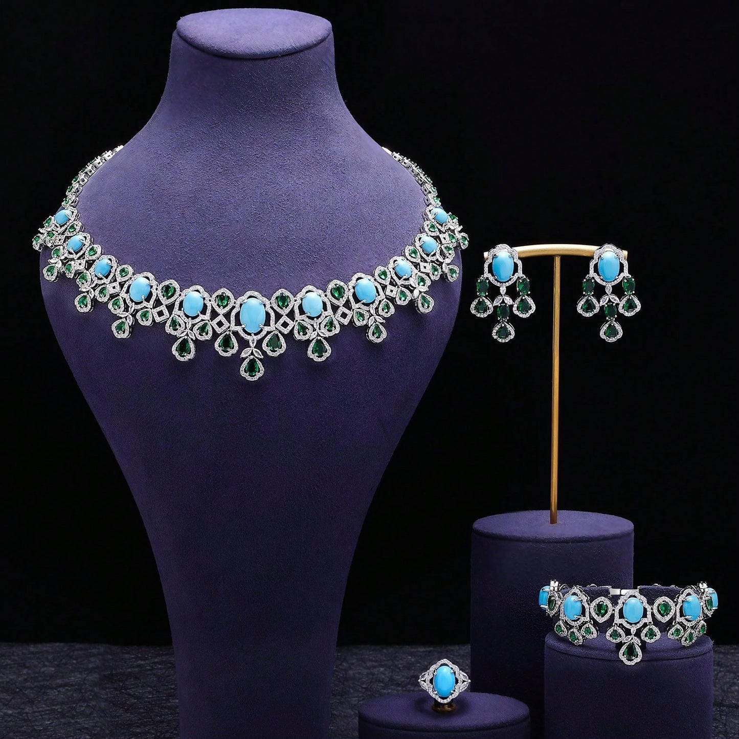 New Luxury  Set Necklace Earrings Bracelet Four-Piece Women Weeding Bridal Jewelry Set - Seen Mai