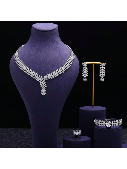 UAE Luxury Cubic Zirconia Necklace Bracelet Earrings And Ring 4pcs Dubai Full Jewelry Set For Women - Seen Mai