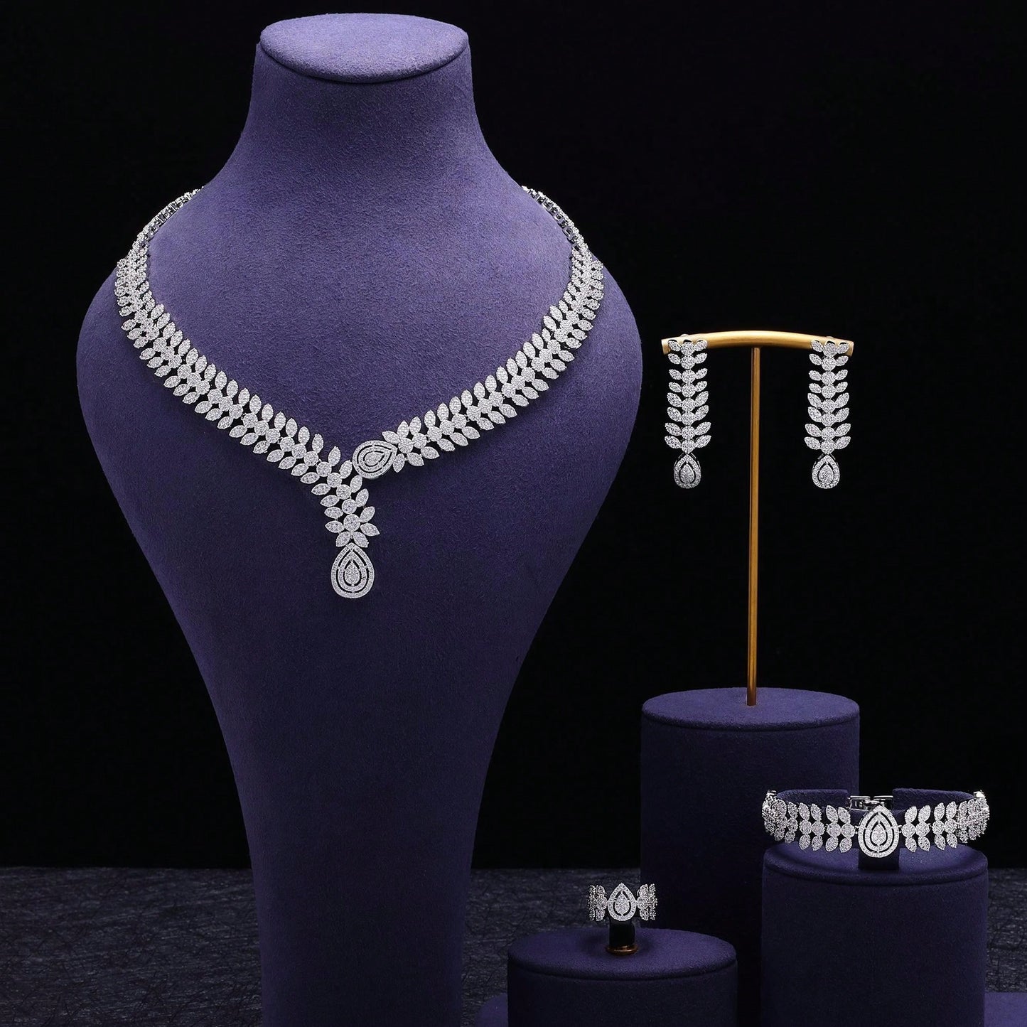 UAE Luxury Cubic Zirconia Necklace Bracelet Earrings And Ring 4pcs Dubai Full Jewelry Set For Women - Seen Mai