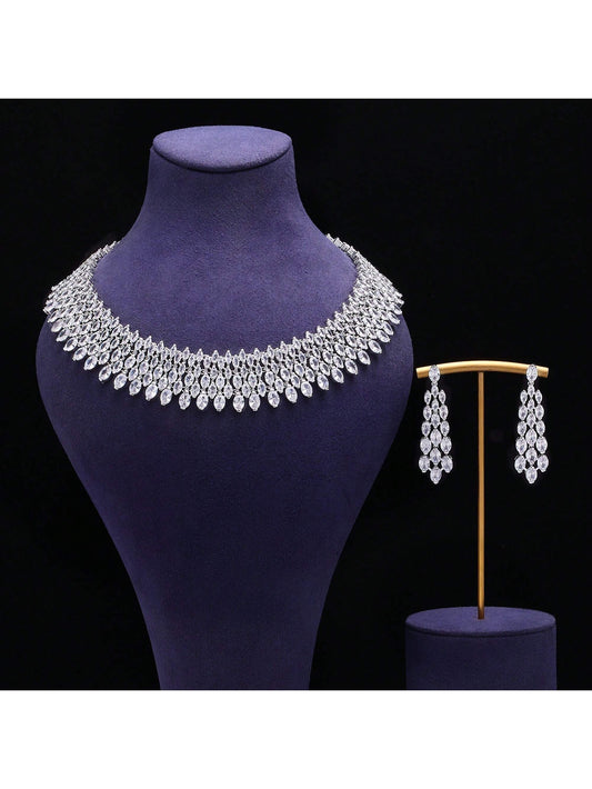 New Luxury  Set Necklace Earrings Bracelet Four-Piece Women Weeding Bridal Jewelry Set - Seen Mai