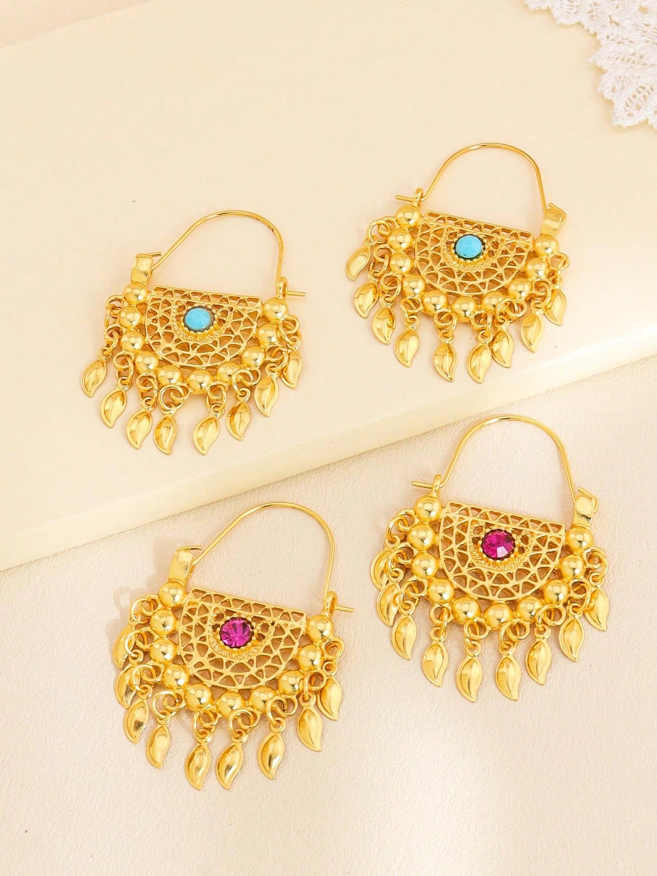 1pair Gorgeous Gold Earrings Tassel Pendant With Colored Jewel Earrings Suitable For Women's Daily Holiday Wear - Seen Mai