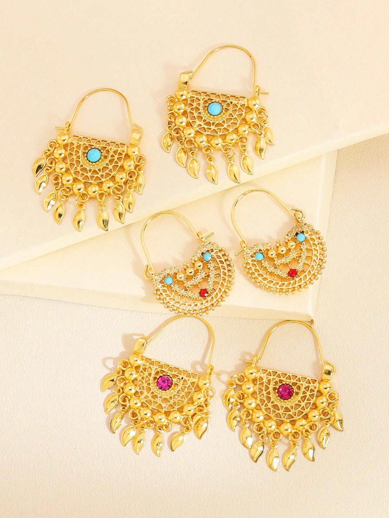 1pair Gorgeous Gold Earrings Tassel Pendant With Colored Jewel Earrings Suitable For Women's Daily Holiday Wear - Seen Mai