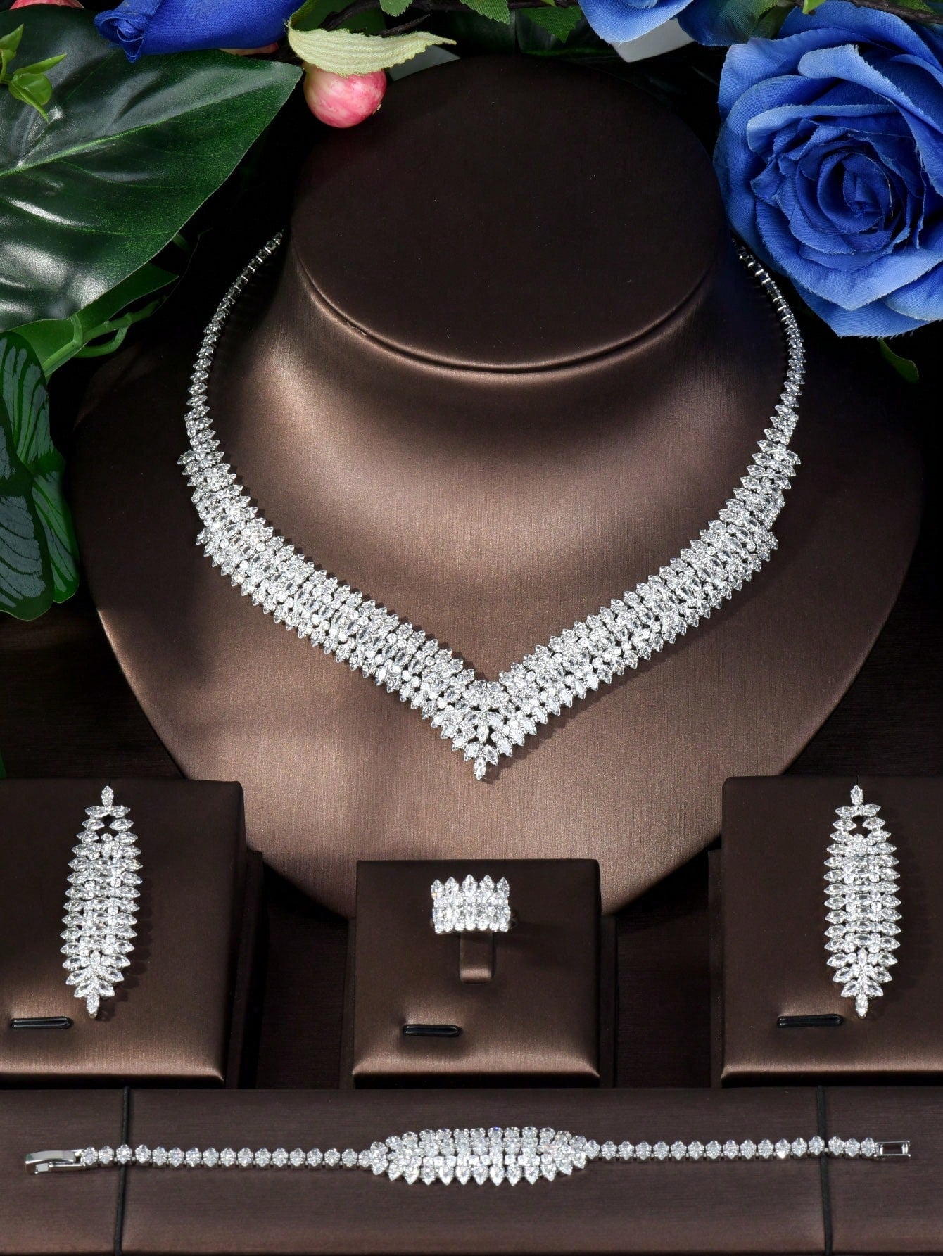 1set Cubic Zirconia Plated With 18K Gold Jewelry Set, Elegant For Women's Party Wear - Seen Mai