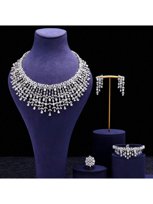 Dubai AAA Cubic Zirconia Jewelry Set 4 Pieces Bridal Wedding Jewelry Set Luxury Crystal Jewelry Accessories - Seen Mai