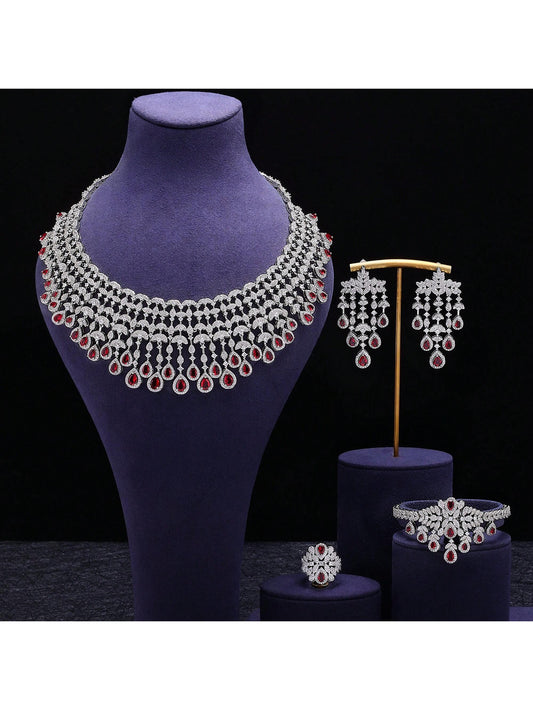 UAE Luxury Cubic Zirconia Necklace Bracelet Earrings And Ring 4pcs Dubai Full Jewelry Set For Women - Seen Mai