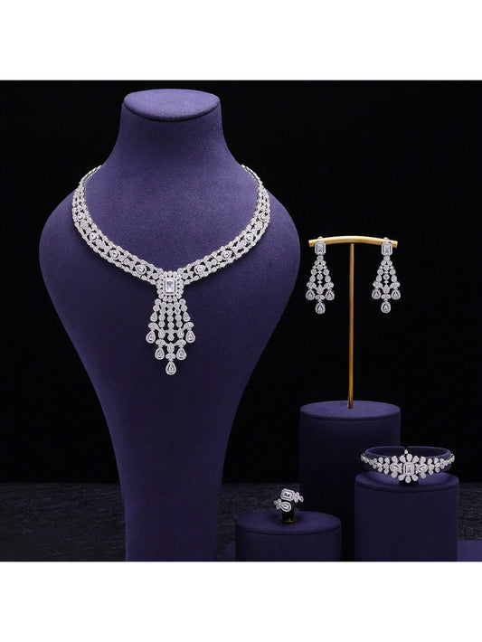 New 4 Piece Qatar Luxury Ladies Wedding Set CZ Elegant Bridal Dubai Jewellery Set Fashion Ladies Wedding Necklace Earring Set - Seen Mai