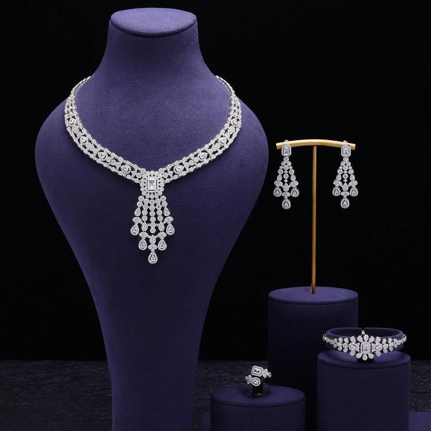 New 4 Piece Qatar Luxury Ladies Wedding Set CZ Elegant Bridal Dubai Jewellery Set Fashion Ladies Wedding Necklace Earring Set - Seen Mai