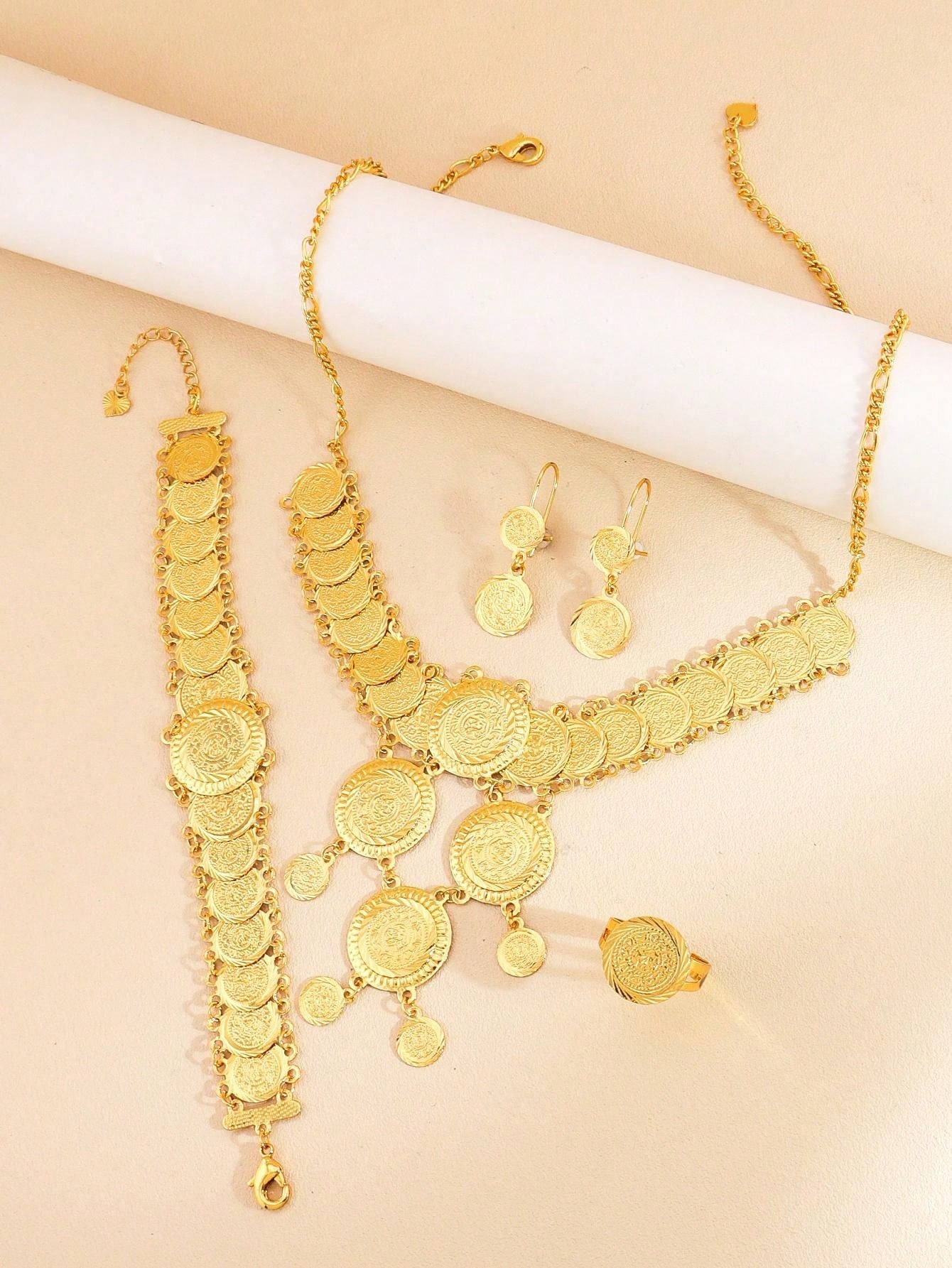 5pc/Set Vintage Textured Gold Coin Jewelry Set Copper Jewelry Set Suitable For Girl Women Holiday Gift Partiesomen Holiday Gift Parties - Seen Mai