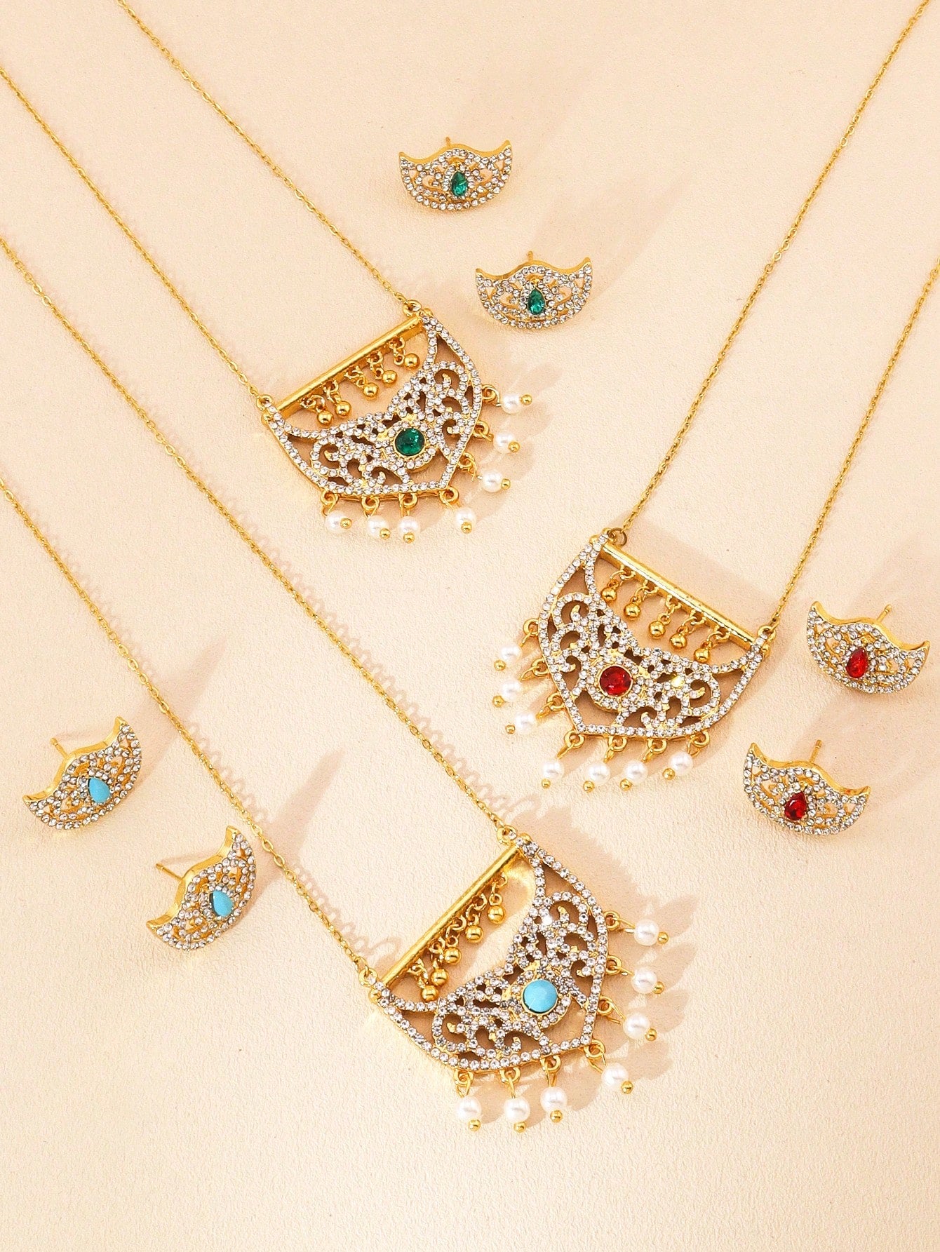 3pcs/Set Fashion Gold Necklace And Earrings  Pearl Rhinestones Paired With Jewelry Set Suitable For Women's Daily Festive Banquets - Seen Mai