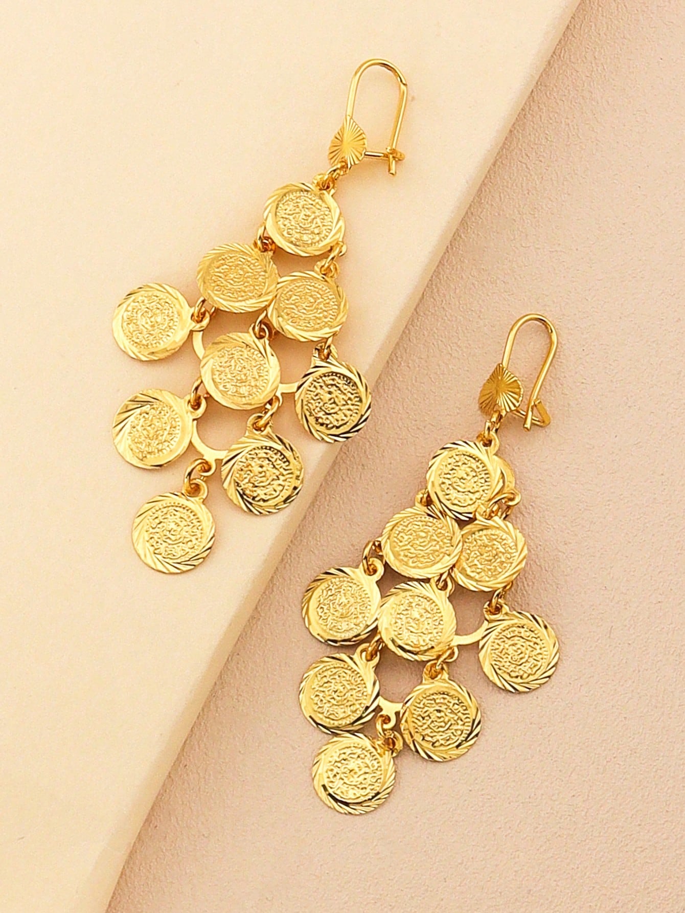 1 Pair Of Copper Plated Gold Coin Earrings Round Tassel Drop Earrings Texture Decoration Suitable For Ladies Everyday Wear - Seen Mai