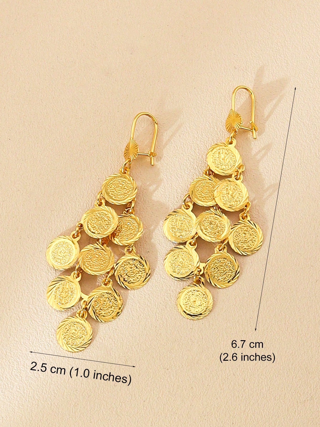 1 Pair Of Copper Plated Gold Coin Earrings Round Tassel Drop Earrings Texture Decoration Suitable For Ladies Everyday Wear - Seen Mai