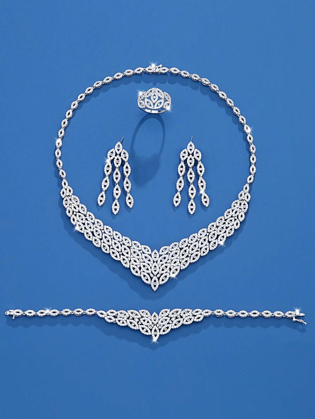 seen JEWELRY 5pcs Artificial Zirconia White Gold-Plated Luxury Jewelry Set Including Necklace - Seen Mai