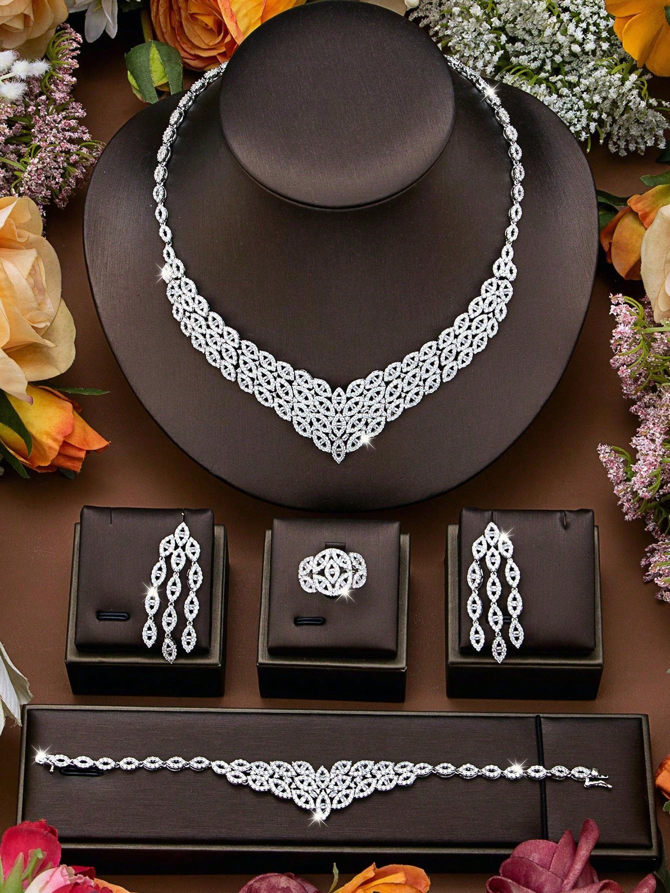 seen JEWELRY 5pcs Artificial Zirconia White Gold-Plated Luxury Jewelry Set Including Necklace - Seen Mai