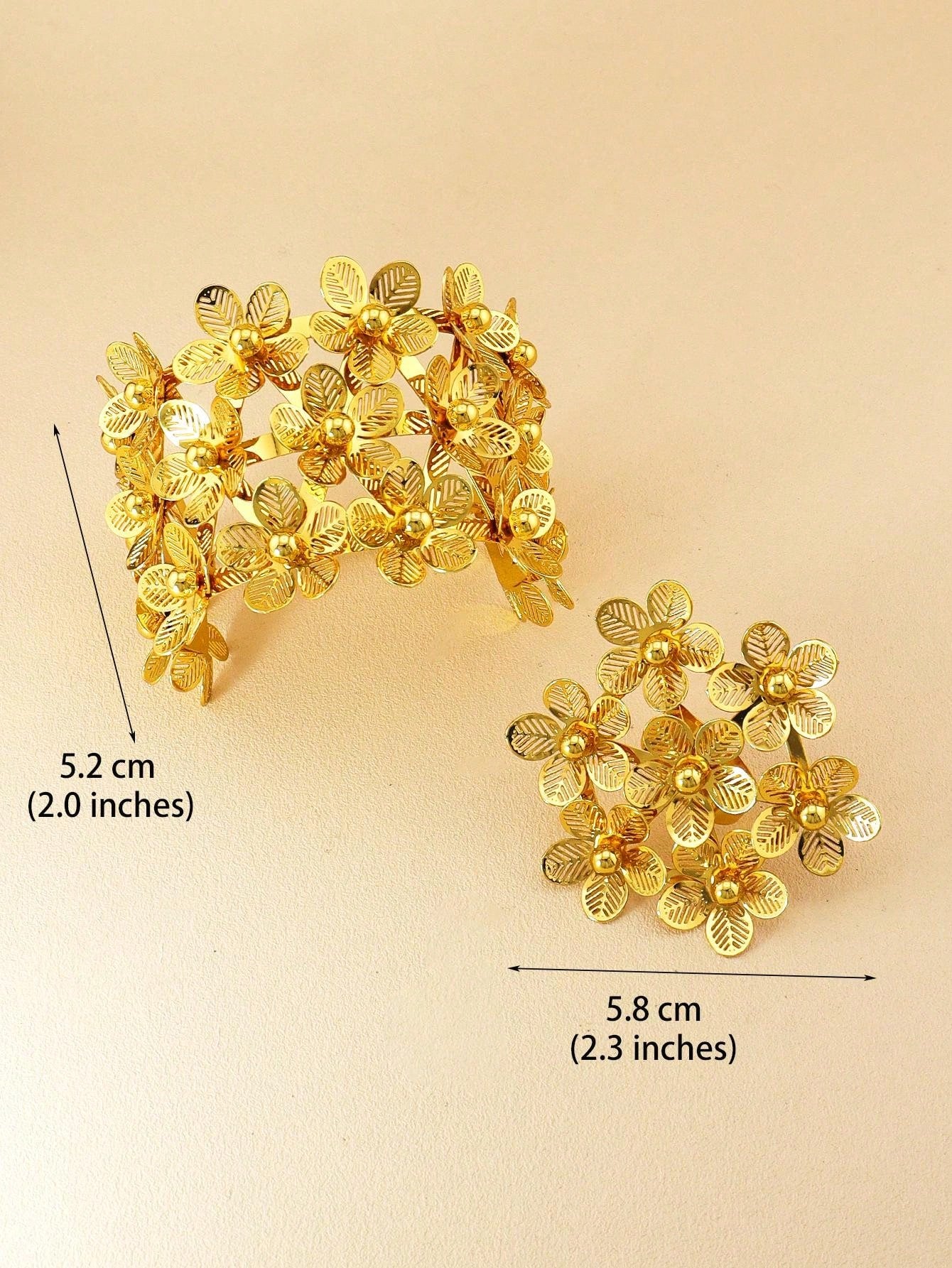 2pcs/Set Gorgeous Gold Flower Decoration Bracelet Ring Set Wide Face Bracelet Large Flower Ring Copper Jewelry Jewelry Set Suitable For Women's Daily Banquet Wedding Wear - Seen Mai