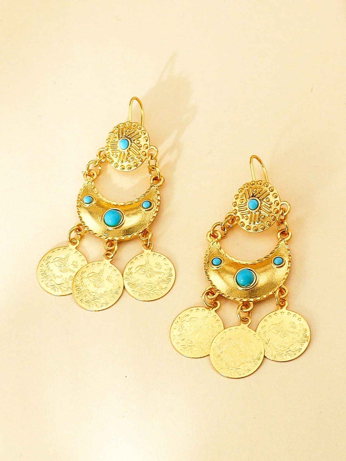 1pair Vintage Coin Gold Earrings Crescent Moon Pendant Tassel Perfect For Women's Banquets - Seen Mai